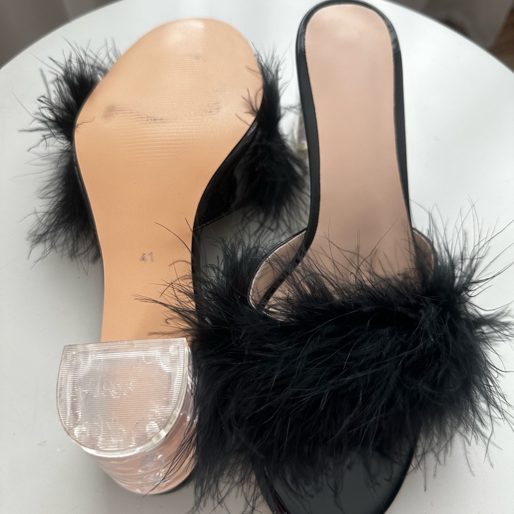 Black Faux Fur Slide Heels with Clear Block Heel - Picture 3 of 3